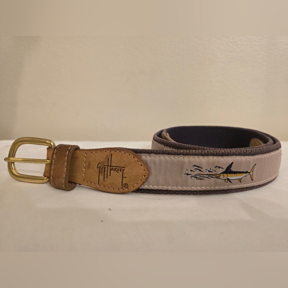 Guy Harvey Marlin Design Ribbon Belt With Brass Buckle- Size 36